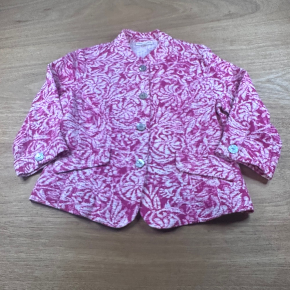 Coldwater Creek Floral Jacquard Jacket Pink White Women's 14 Cottagecore